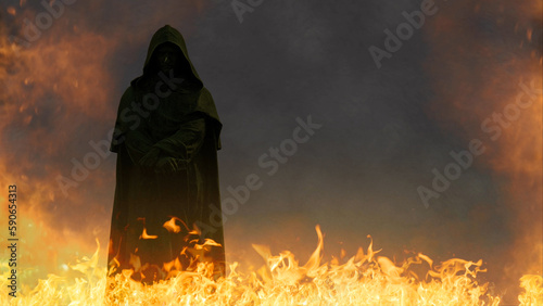 Photos Dark Hooded Figure in Hell features a dark statue figure in a hooded cowl standing in flames and smoke
