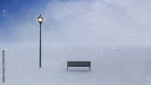 Foto Bench with Lamp Post at Dusk with Snow features a bench next to a glowing lamp post with an obscure cloudy background and snow falling
