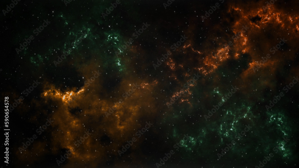 Space Gold and Green with Stars Background features a view of space with gold and green nebulous clouds and twinkling stars.