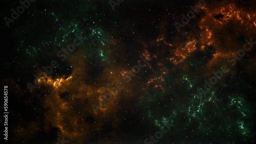 Fototapeta Naklejka Na Ścianę i Meble -  Space Gold and Green with Stars Background features a view of space with gold and green nebulous clouds and twinkling stars.