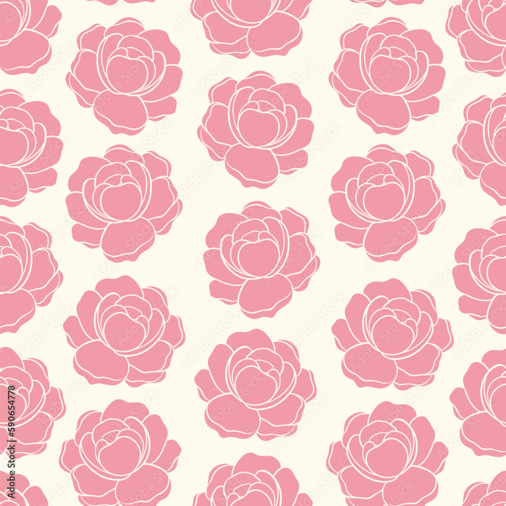 Peony flowers heads outline repeating pattern. Vintage vector pattern