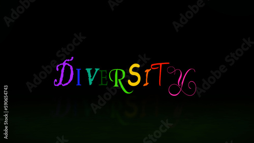 Diversity Explode out of Particles features the word diversity made of different fonts in a rainbow of color in a solid black atmosphere.