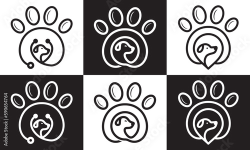 dog paw logo. pet care white linear style concept element symbol vector illustration.