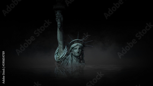 Liberty Sinking in the Night features a submerged Statue of Liberty in the center of a black atmosphere with a small amount of water reflection with rolling fog around the statue.