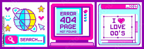 Y2K pixel art. frames for text, slogans. Old computer browser, 90s-00s throwback aesthetic. Kawaii 8-bit pc desktop, popup user interface elements, message boxes.Square vector print, y2k pink color photo