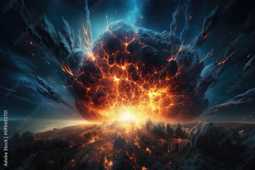 massive explosion in the sky with billowing smoke and debris. Generative AI