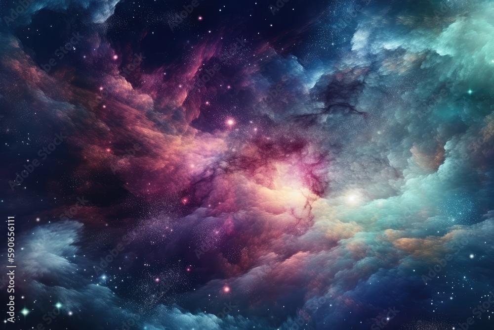 dreamy and magical sky filled with stars and clouds in vibrant colors. Generative AI