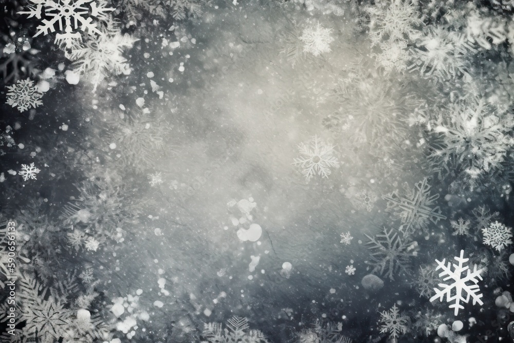 Black and white close-up of snowflakes. Generative AI