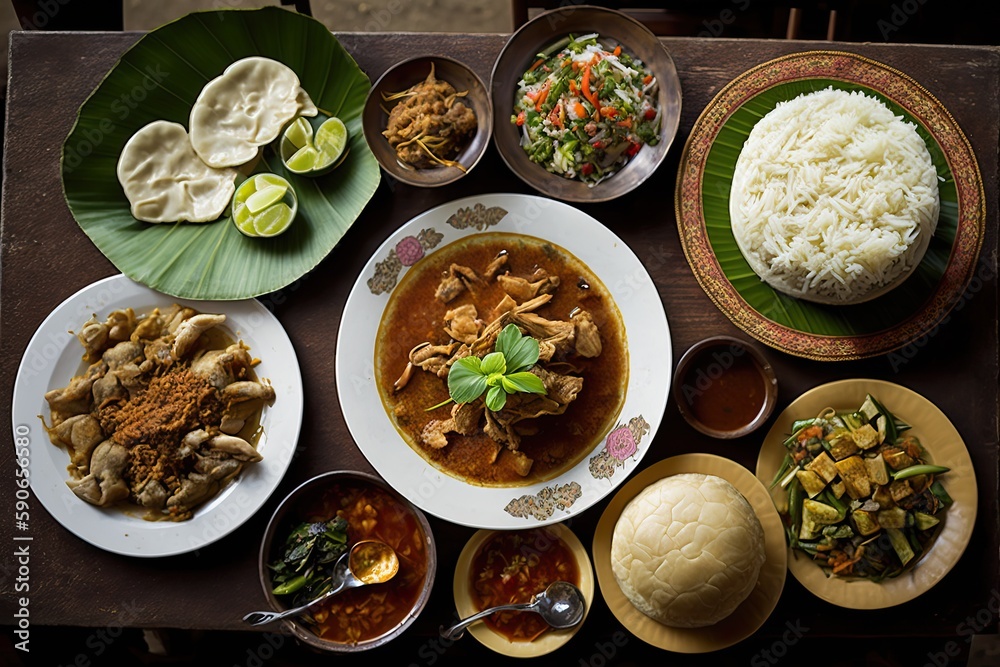 Different meals on a table at a Myanmar restaurant. Generative AI