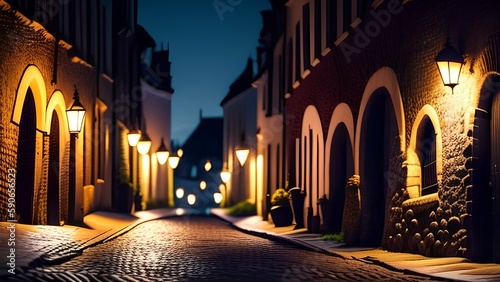 Cobbled street at night - generative ai