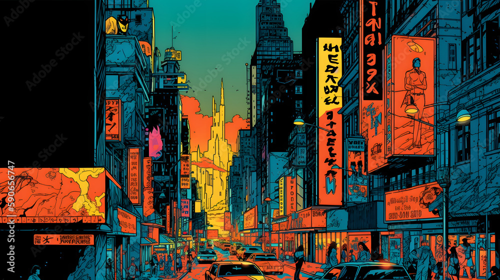 Obraz premium The City at Night: Illuminated Skyscrapers, Busy Streets, and Vibrant Cars - AI Retro Art