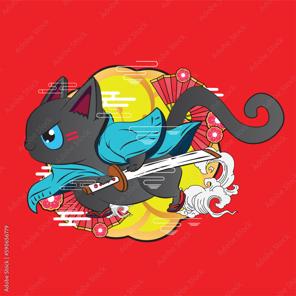 Fototapeta premium Samurai cat illustration for new year logo, notebook, and background