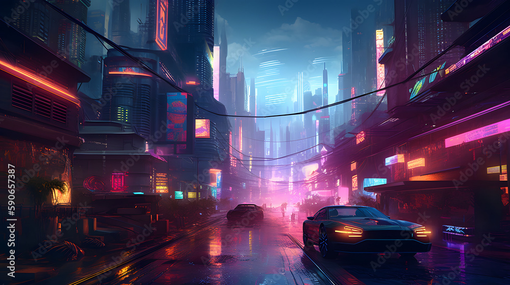 Nightlife Adventures: Exploring the Colorful and Fast-Paced Cityscape by Car - AI Art