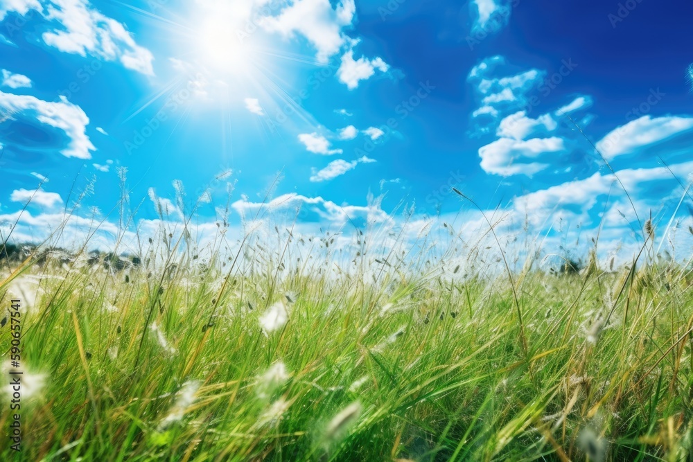 sunlit field of grass with a beautiful sky in the background. Generative AI sunlit field of grass with a beautiful sky in the background. Generative AI