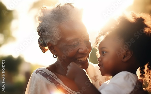 Senior dark-skinned black african american woman playing with her grandchild. Active and healthy grandmother concept. Generative AI photo