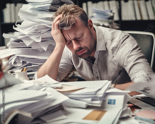 Stressed Man at Office Workplace Generative AI. Depict the modern workplace with a unique Generative AI Art design of a stressed man sitting at his desk.