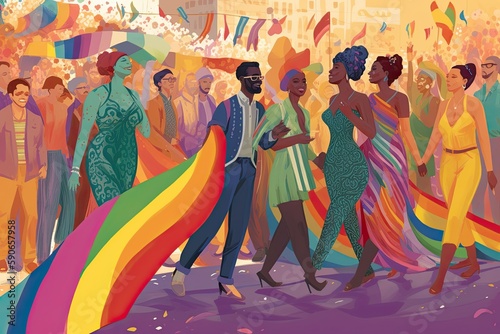 Gay pride parade, people having fun at equality march or lgbt gay parade, illustration, AI generated