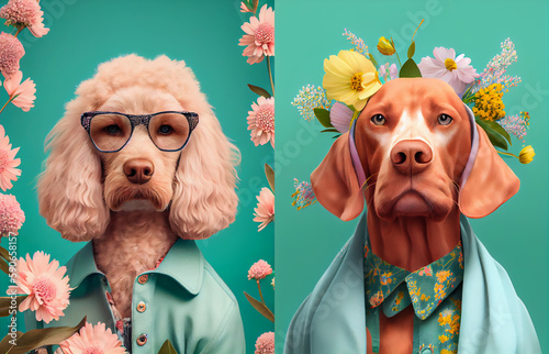 Cute dogs wearing in a costume. Background with flowers. Dog in a fashion glasses, collection