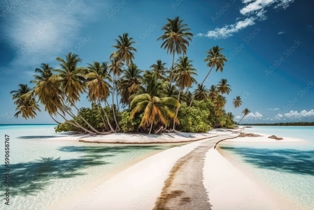 Beautiful tropical nature wallpaper with palm trees, a paradise island, and a white beach with coral reef. Generative AI