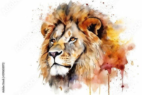 Lion Head, Animal, Watercolor Illustration Isolated On White Background, Made Using Generative Ai