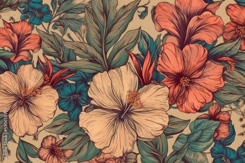 wallpaper pattern featuring pink and blue flowers. Generative AI