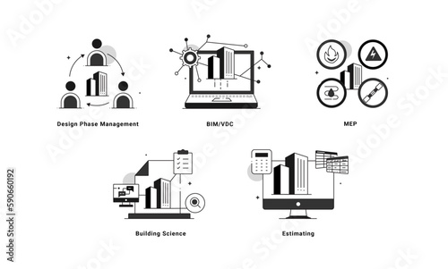 Set of Line icons in Mastering the Construction Process