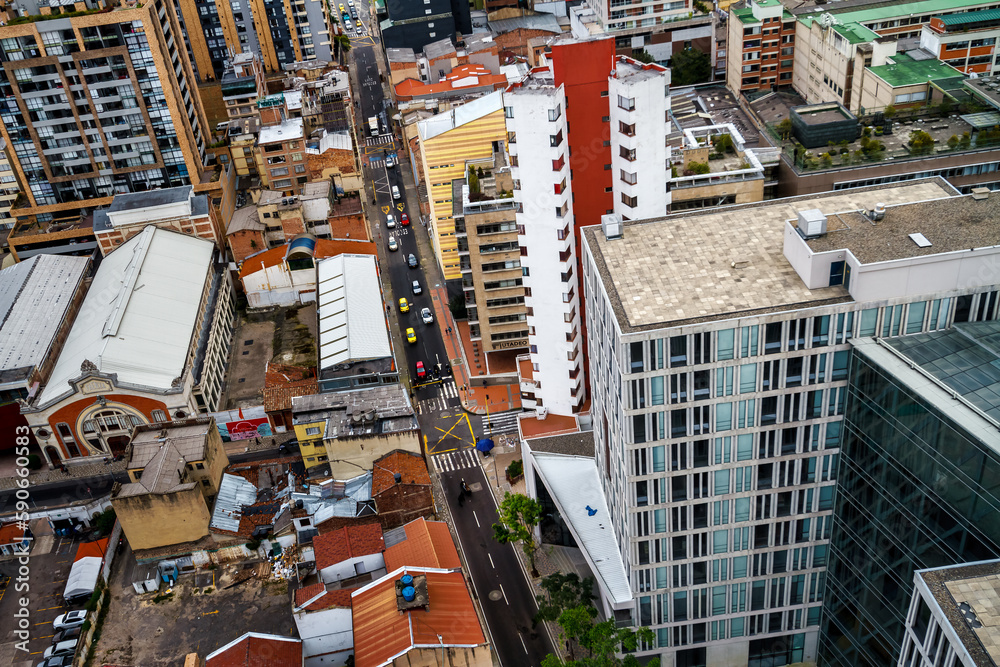 Aerial view of the Santa Fe district in the city of Bogota, Colombia