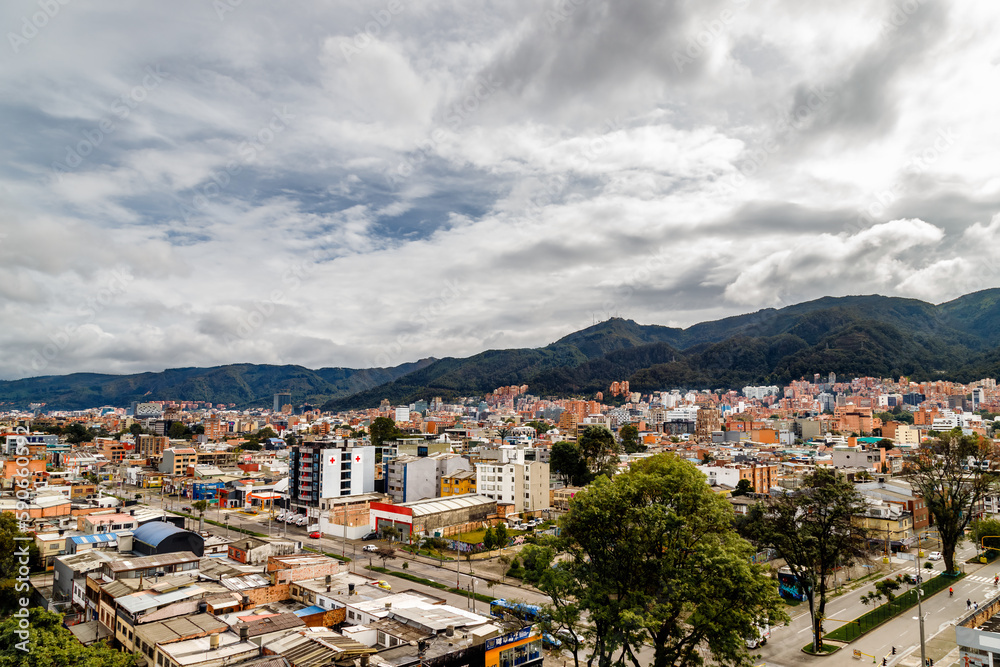 Panoramic of the Chapinero neighborhood with eastern hills in the background in Bogota, Colombia