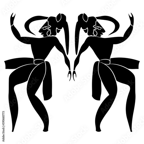 Symmetrical design with two dancing Mayan men. Native American art. Black and white silhouette. Isolated vector illustration.