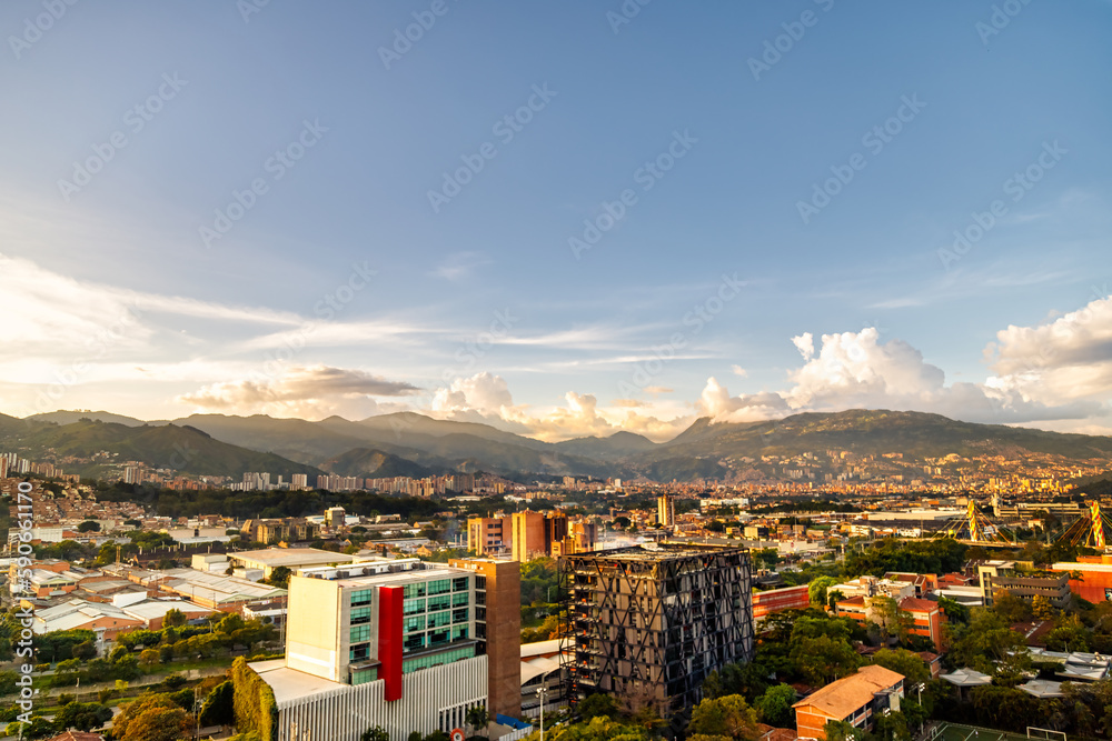 Panoramic view of Medellin from El Poblado neighborhood during sunset
