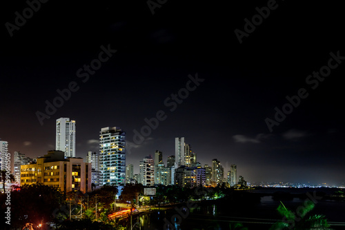 Panoramic night view of buildings with port in the background in Cartagena de Indias, Colombia © simonmayer