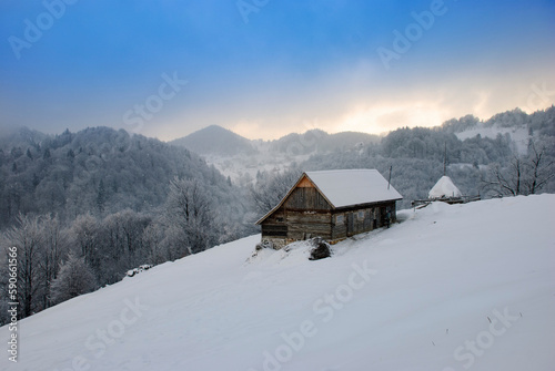 Winter landscape in Fundata village. Brasov, Romania