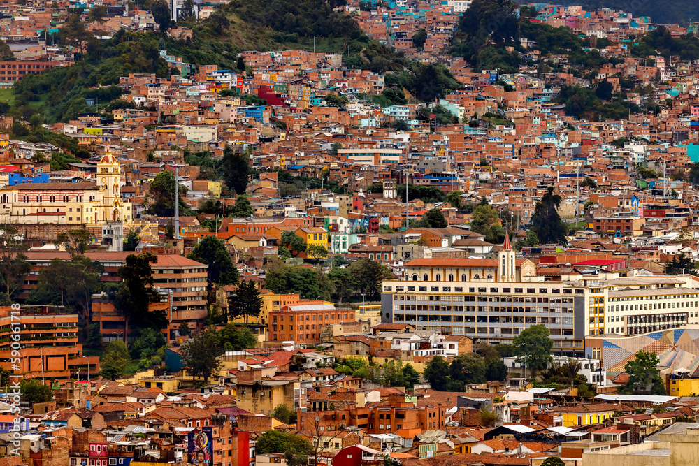 Populous shanty town on the slope of a hill in Bogota, Colombia