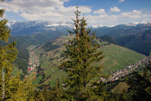 View of Moeciu village and Bucegi mountains. Brasov, Romania photo