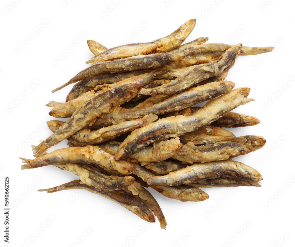 Pile of delicious fried anchovies on white background, top view Pile of delicious fried anchovies on white background, top view