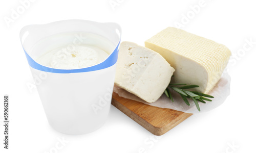 Tasty tofu with rosemary and cream cheese on white background