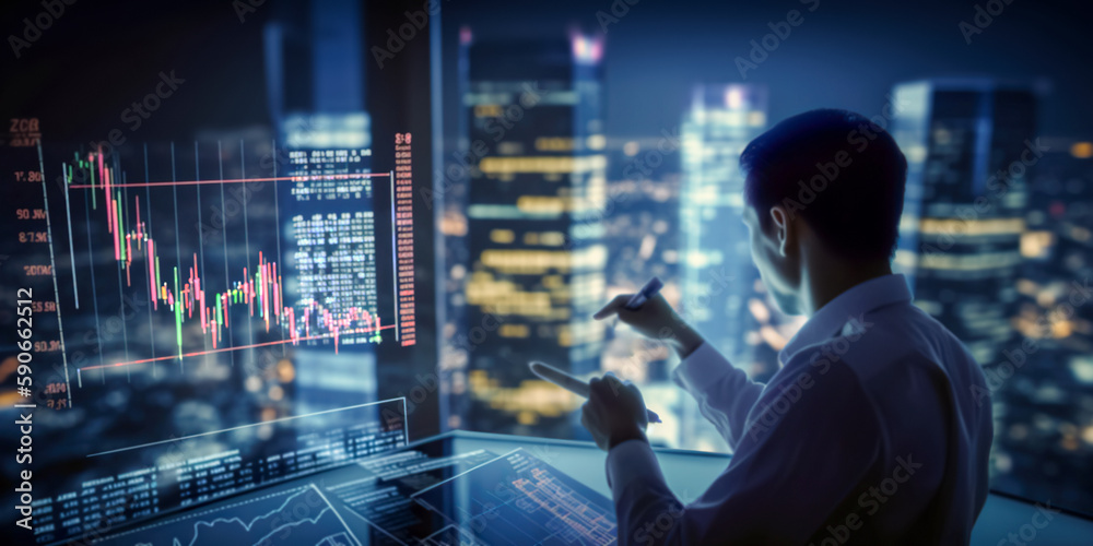 Finance trade manager analyzing stock market indicators, financial data and charts with business skyscrapers in background. Finance trade manager analyzing stock market indicators, financial data and charts with business skyscrapers in background.