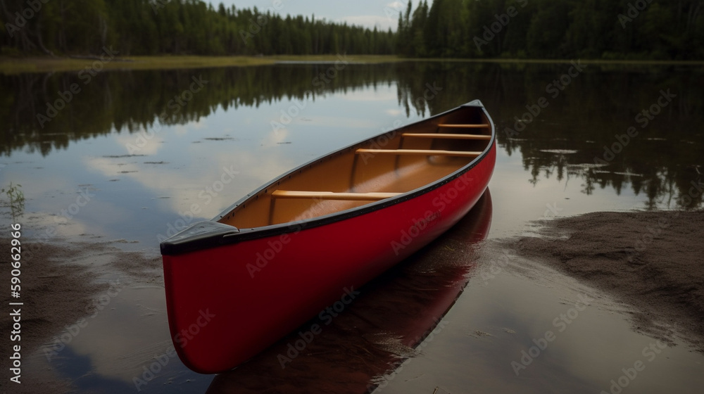 Beached Red Canoe Summer Scene ~ Created using Generative AI Beached Red Canoe Summer Scene ~ Created using Generative AI