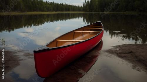 Beached Red Canoe Summer Scene ~ Created using Generative AI