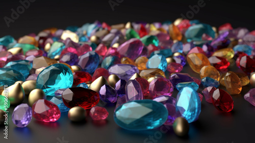 Colorful gemstones, mix of different shapes and colors, precious gems, 3d Generative AI photo