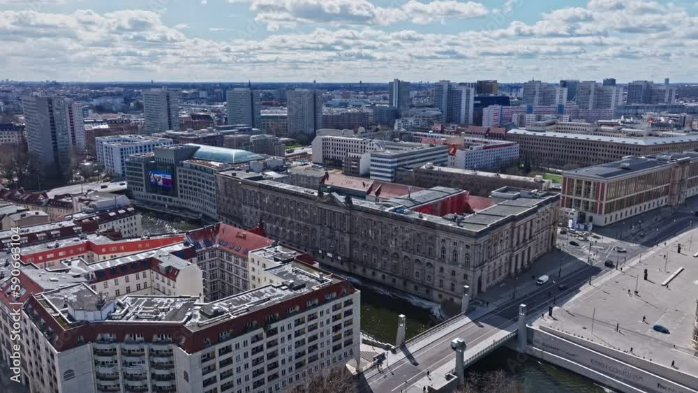 Aerial view of The Neuer Marstall a historic building in Berlin, Germany . located on the Schloßplatz and the Spree River Aerial view of The Neuer Marstall a historic building in Berlin, Germany . located on the Schloßplatz and the Spree River