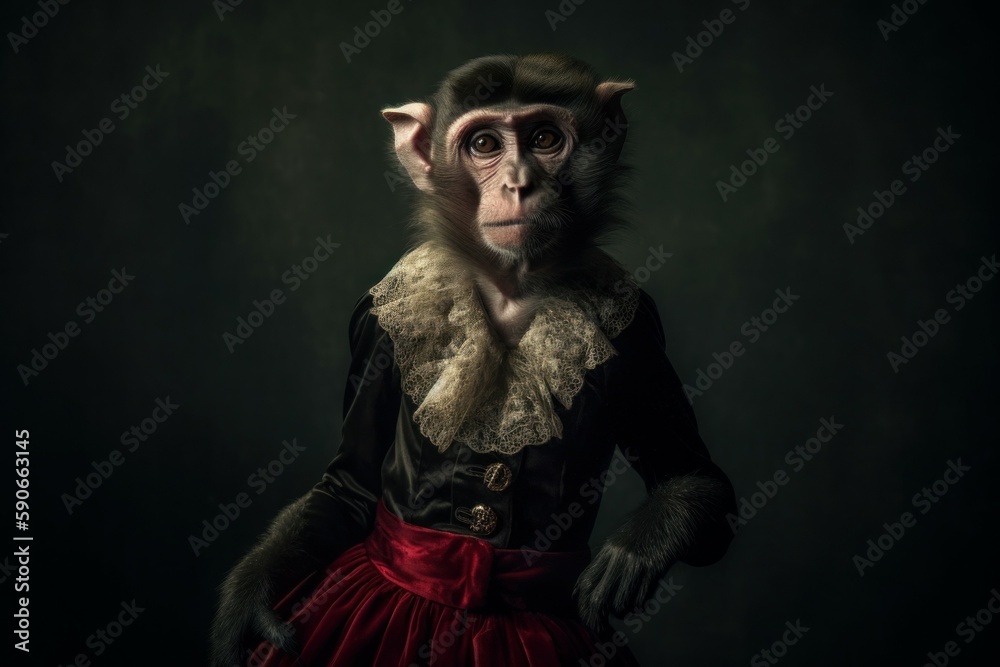 Anthropomorphic funny monkey dressed in female clothes. AI generated, human enhanced