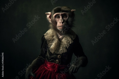 Anthropomorphic funny monkey dressed in female clothes. AI generated, human enhanced