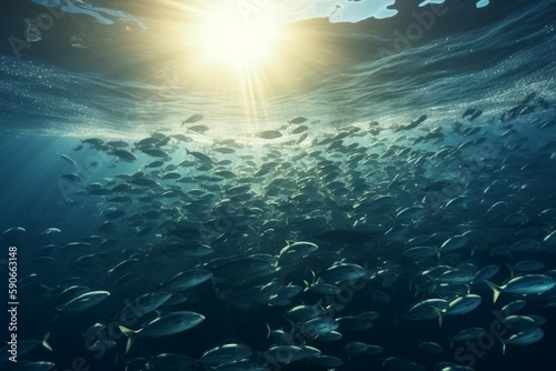 School of fish swimming under water of sea. School sardinella fish swims in underwater. AI generated  human enhanced