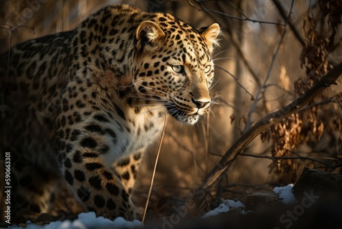 Beautiful leopard. Background with selective focus and copy space. AI generated, human enhanced © top images