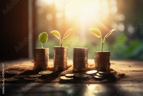 Coins with young plant. Money growth concept. AI generated, human enhanced © top images