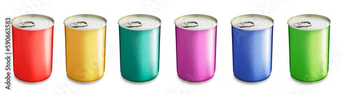 Set of metal cans on white background