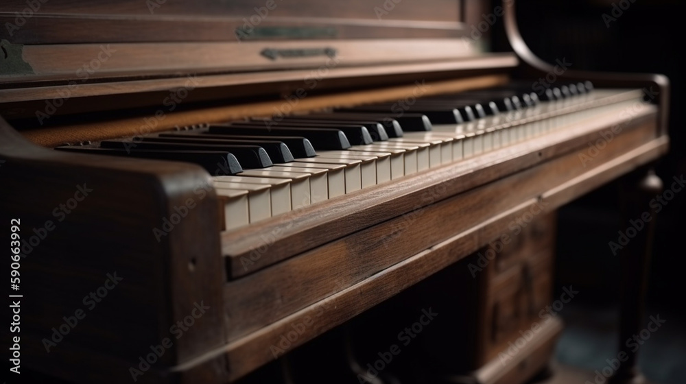 Vintage wooden piano in close-up shot Generative AI - obrazy, fototapety, plakaty 