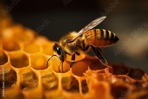 Bee On The Honeycomb In A Hive, Making Honey, Wild Insect Life, Made Using Generative Ai © Arma