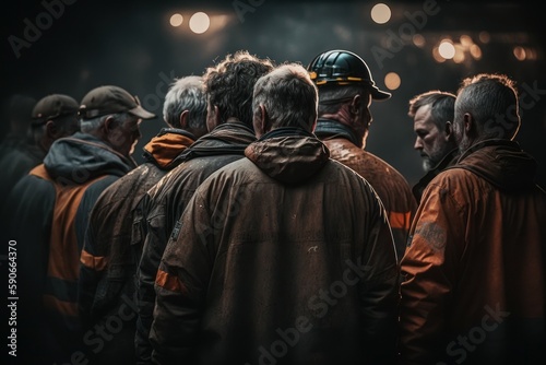 Crowd or group of miners in helmets, back view. AI generated, human enhanced © top images